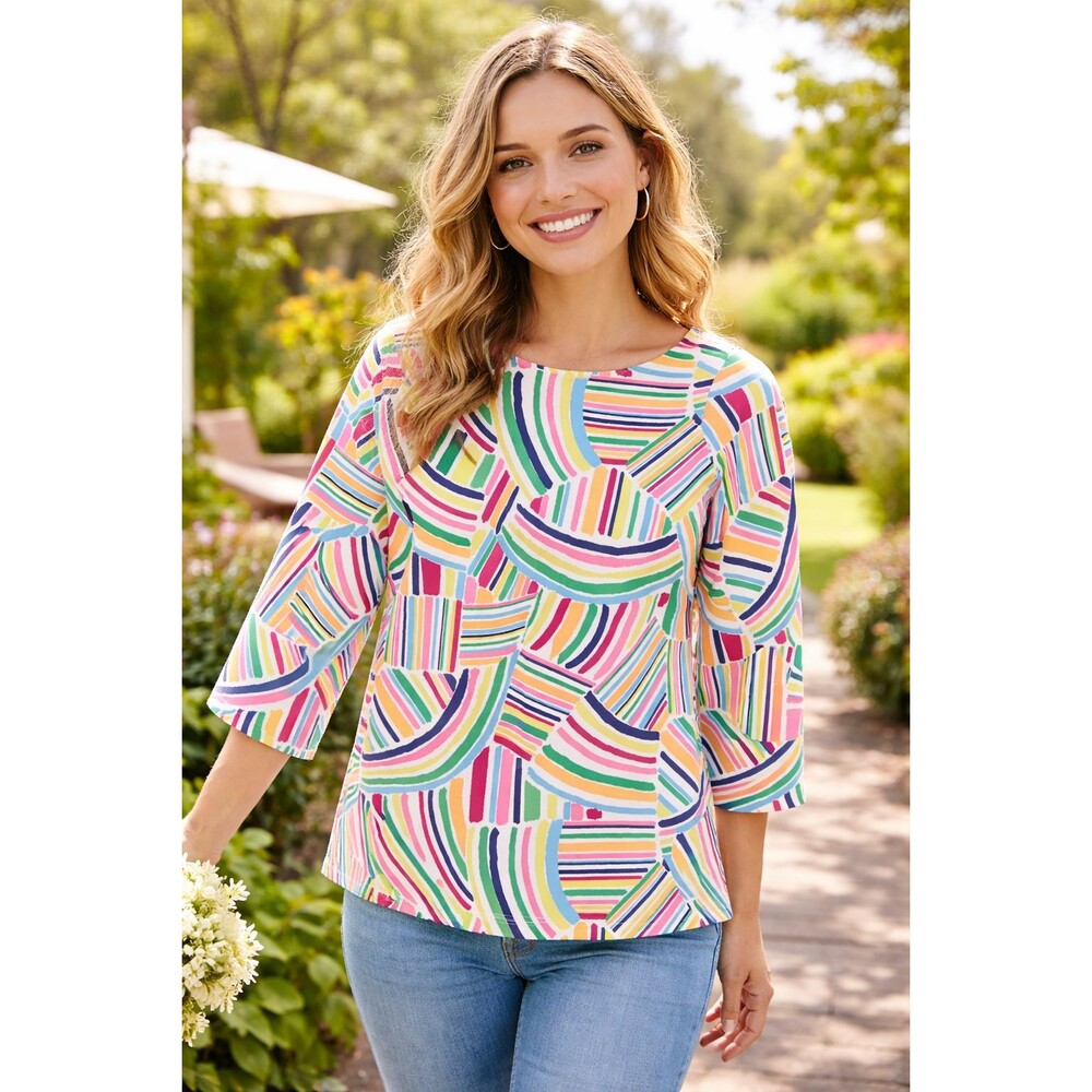 Fresh Produce Made in USA White Rainbow Multicolor Top 3/4 Sleeve Women Size XL